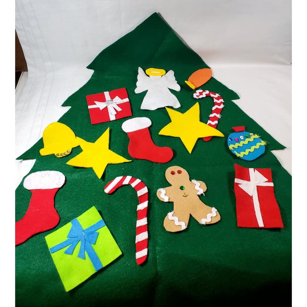 Handmade Felt Christmas Tree‎ w/ Removable Ornaments + Elf Felt Drawstring...